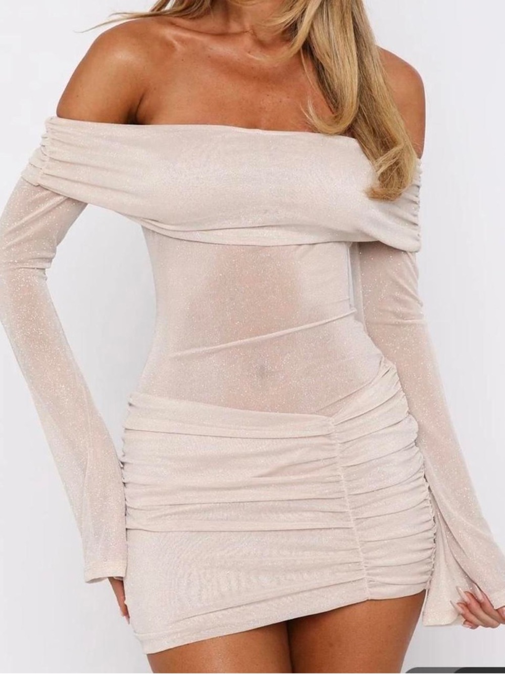 White Fox Boutique Off-Shoulder Ruched Bodycon Mini Dress - Light Beige